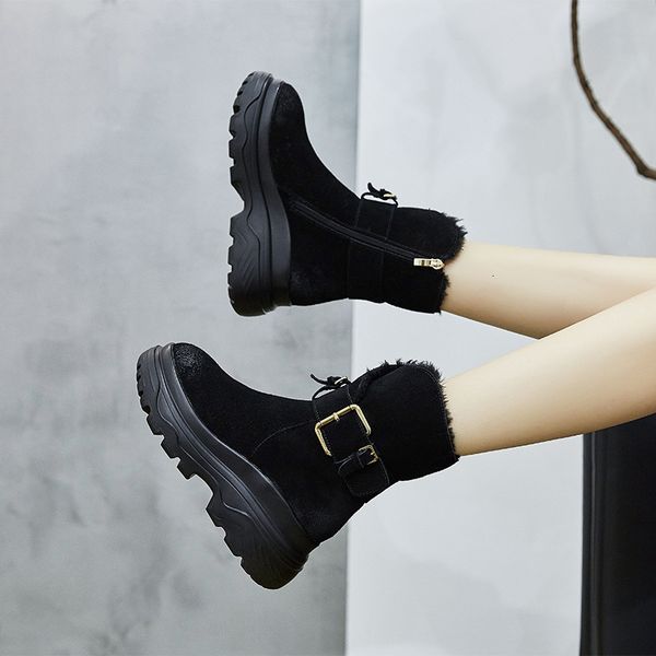 

swyivy high genuine leather snow boots shoes woman 2020 plush velvet warm shoes winter women boots boot cotton padded, Black