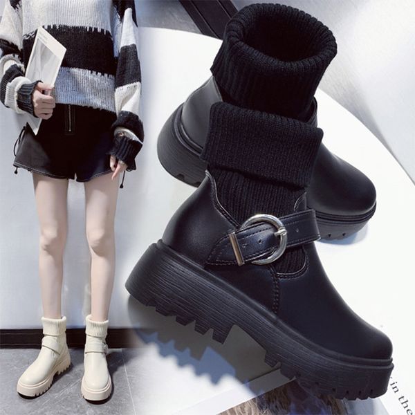 

women ankle boots short boots ladies fashion buckle square heels flat shoes casual female footwear platform slip on, Black