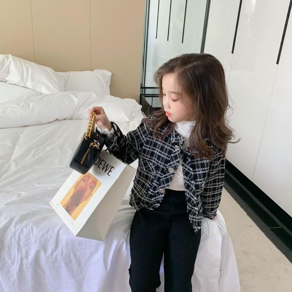 

autumn new arrival korean style cotton fashion plaid long sleeve short coat with metal buttons for cool cute baby girls, Blue;gray