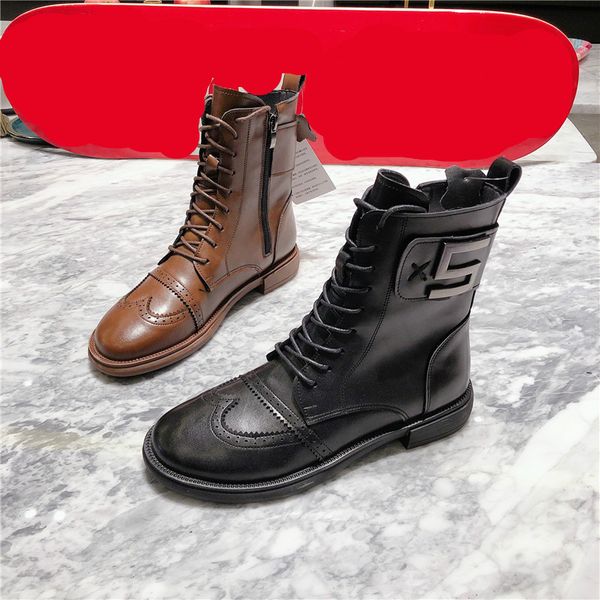 

deat 2020 new spring autumn fashion casual leather cowhide brock lace-up single shoes women short cool boots sf391, Black