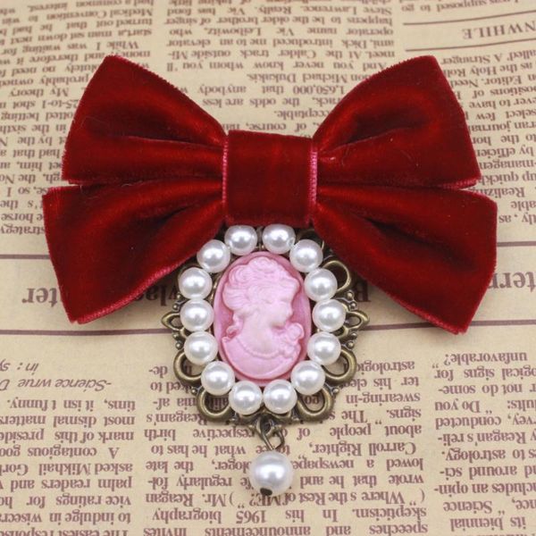 

pins, brooches imitated pearl beauty head bow tie female brooch ribbon collar necktie cloth art for women shirt accessories, Gray