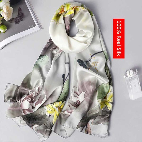 

scarves 100% real silk scarf women 2021 fashion shawl and wrap soft long neck for lady elegant floral print, Blue;gray