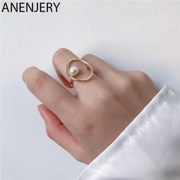 

wedding rings anenjery irregular hollow circle pearl gold color ring geometric open finger for women jewelry accessories s-r802, Slivery;golden
