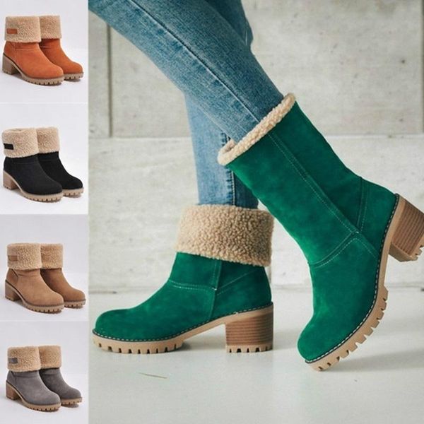 

women shoes snow boots flock warm boots solid romon middle heel high martin casual hairy side winter warm, Black