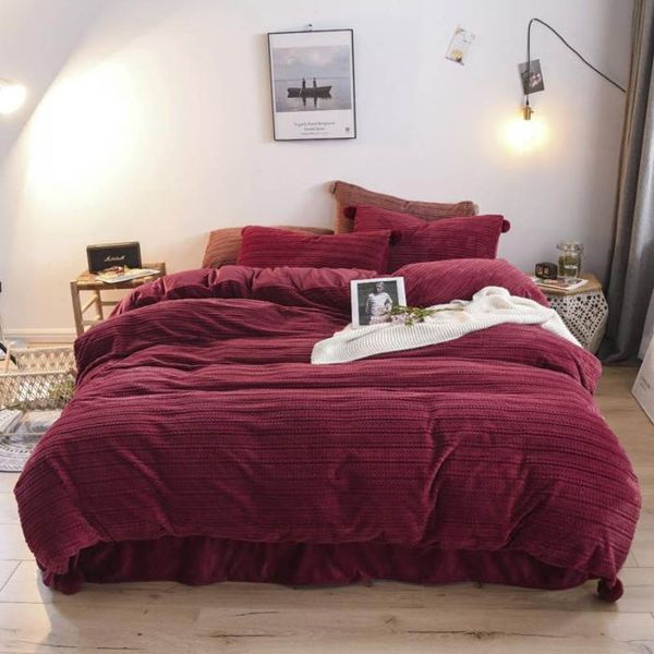 

bedding sets 4pcs winter warm flannel solid color red set flat sheet duvet cover and pillowcases for 1.5-2m bed
