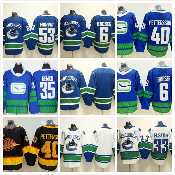 

2020 новый ванкувер кэнакс хоккей 40 elias pettersson 6 брок бозер мужчины трикотажные изделия 53 бо хорват 33 седин 35 тэтчер демко джерси, Black;red