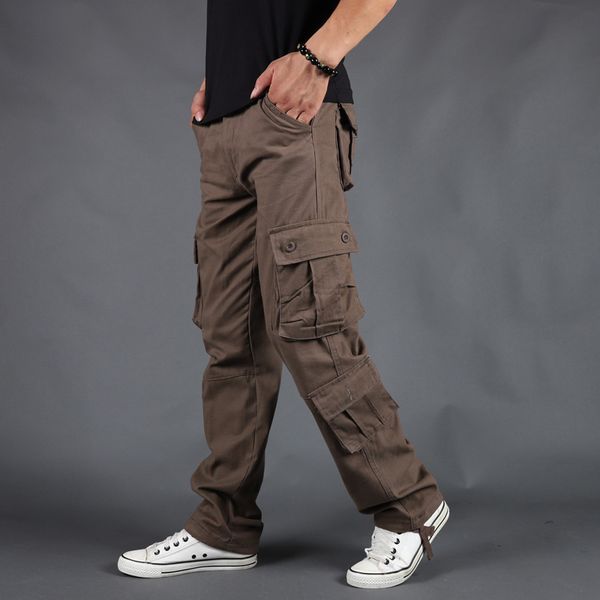 

new men cargo pants casual loose multi-pocket trousers male overalls cotton straight, Black