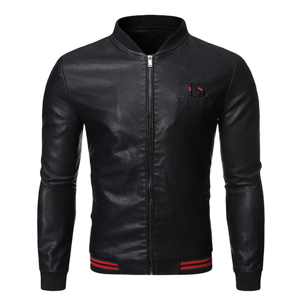 

thick men moto winter zipper flocking inside letter embroidery pu leather jacket men's, Black