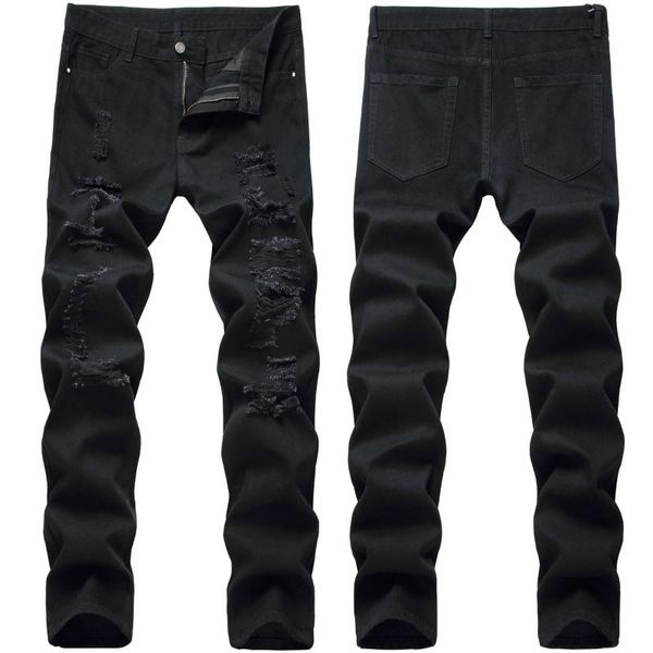 

men high street ripped jeans black trendy men pants, Blue