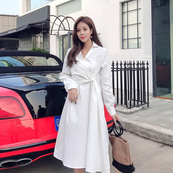 

women's dresses personality fashion polo collar long sleeve solid color long-dress single breasted beam waist button lace-up skirt casu, White;black