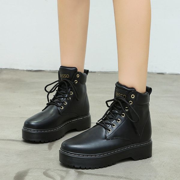 

fashion soft leather boots women autumn winter platfort shoes plus size 35-42 high short botas ladies anlke boots, Black