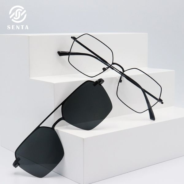 

fashion hexagon metal optical prescription eyeglasses frames man customizable diopters 2 in 1 magnet polarized clip on glasses, Black