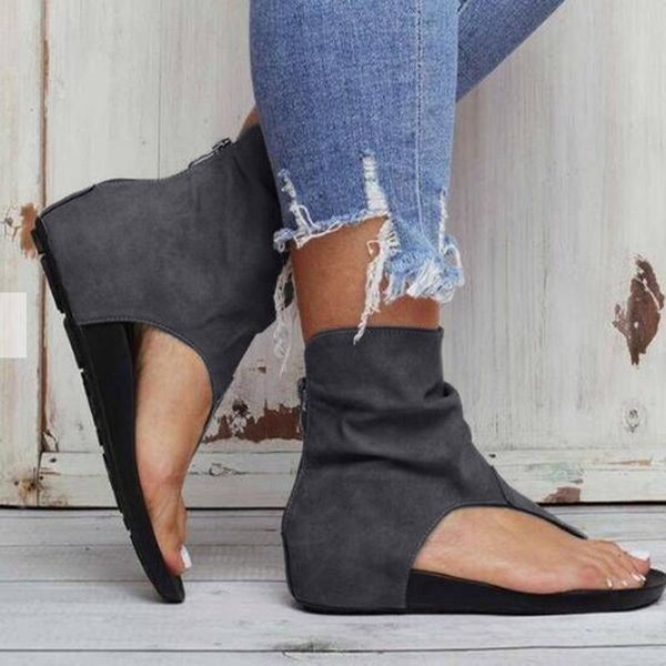 

summer women suede flat sandals female non-slip open toe breathable sandals zipper casual beach shoes zapatos de mujer sandal, Black