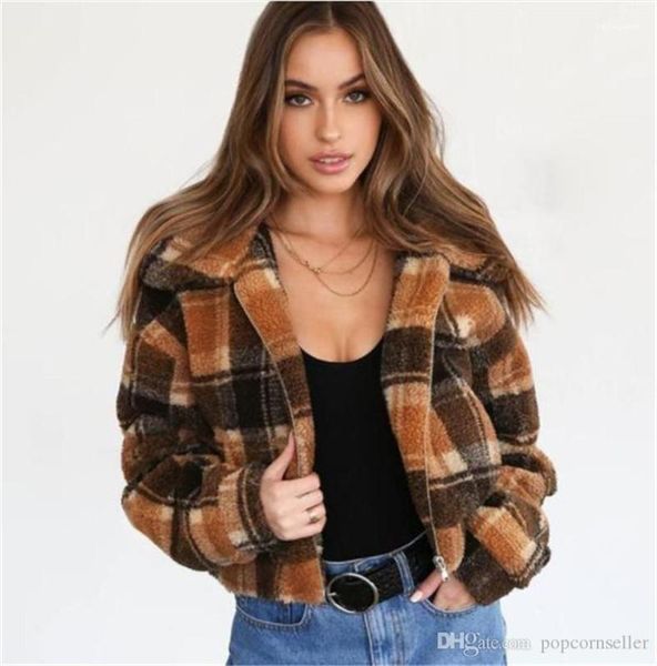 

bomber jacket hat detachable coats womens fashion autumn and winter casual jackets vintage plaid print imitated lamb, Black;brown