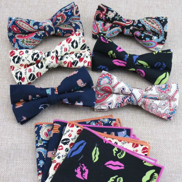 

neck ties (1 set/lot) fashion leisure a variety of canvas bow tie lips puppy cashew flower matching with square pocket towel, Blue;purple