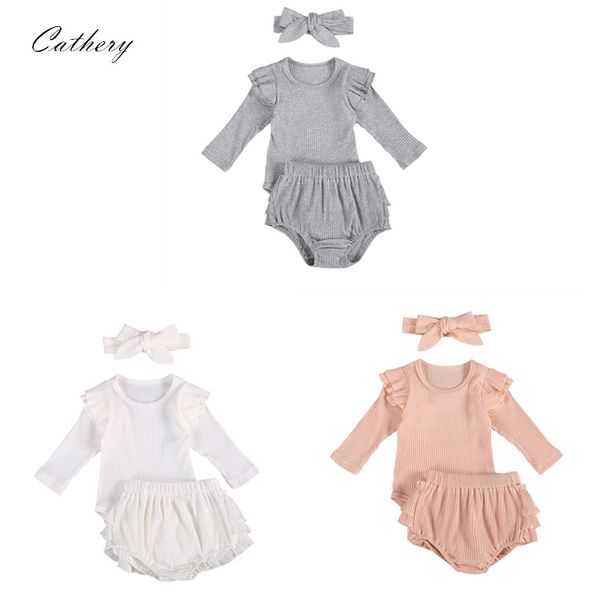 

cathery newborn clothing suit toddler baby girl solid color ruffled flying sleeve romper shirt+ pants+ bow headband 3pcs, White
