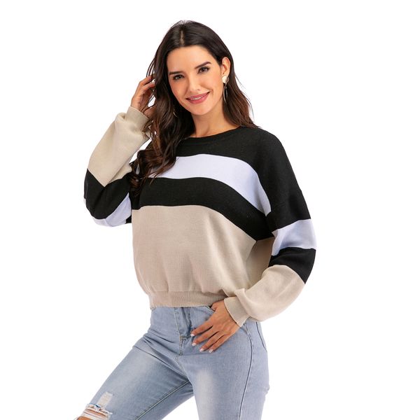 

european and american fall and winter new style round neck stripe collision color sweater, White