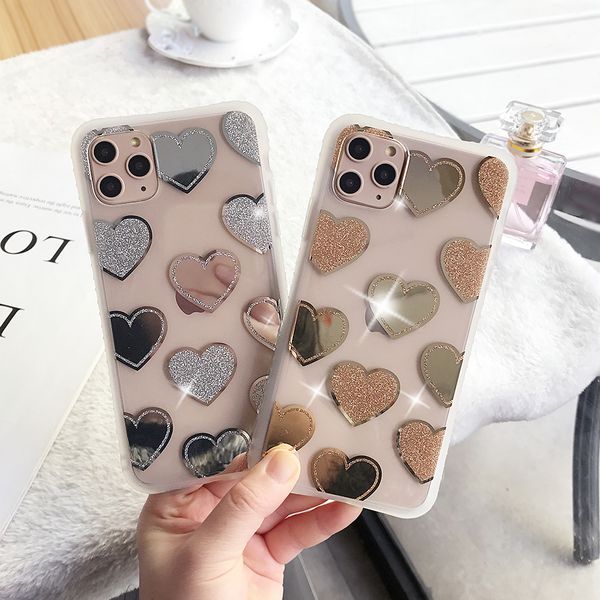 

прозрачный чехол electroplated зеркала для iphone 11pro x xr xs max luxury glitter soft tpu love heart clear задней крышки 2020