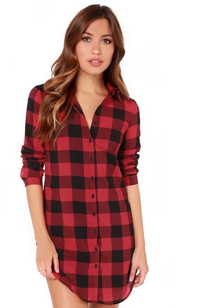 

women' s autumn and winter leisure jocker simple stitching stitching long sleeve red ang black shirt plaid lapel long, White