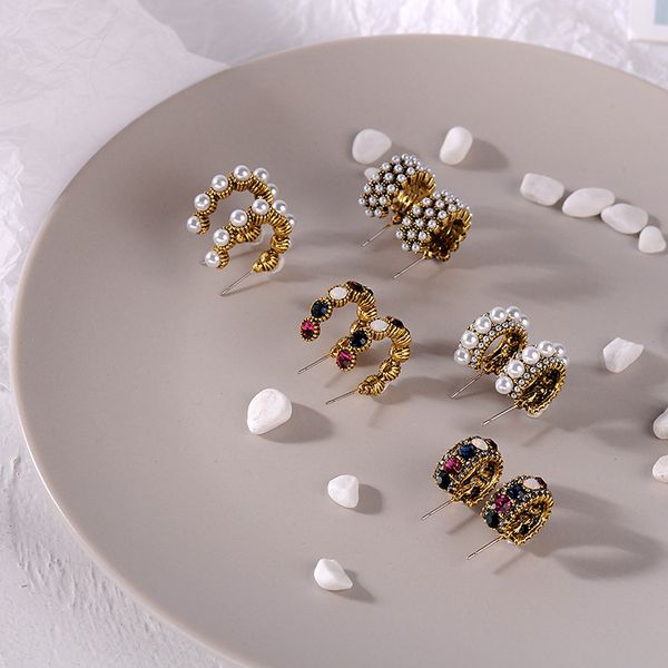 

quality 2019 new vintage colorful rhinestone small hoop earrings women fashion simulated pearl semicircle pendientes