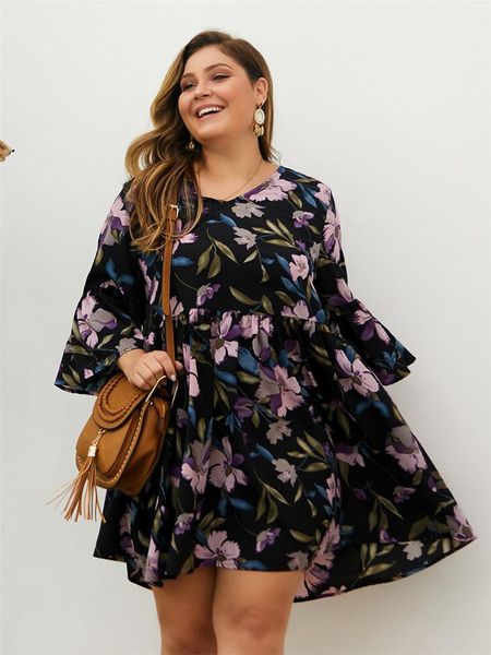 

size dresses fashion floral printed women dress casual scoop neck women loose dress women autumn plus, Black;gray