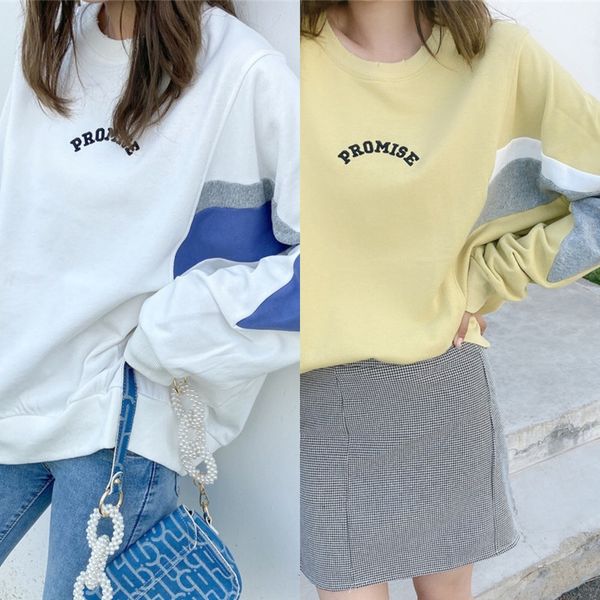 

korean style new sweater contrast color stitching fashion all-match embroidery letter printing hipster large board student women's swea, Black