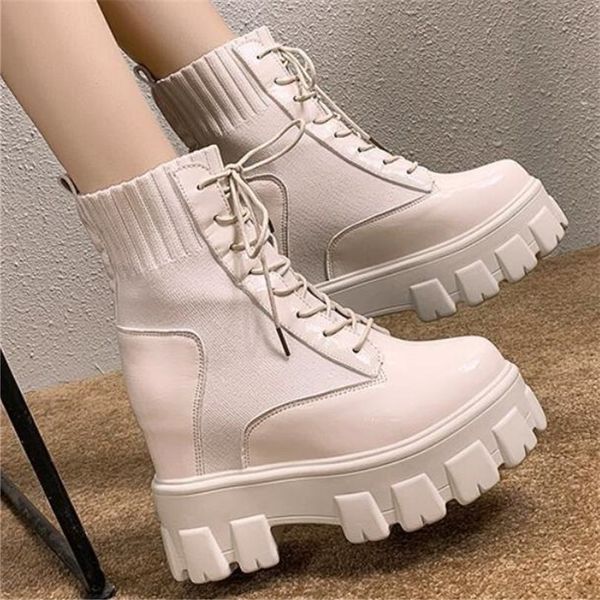 

fashion lacing chunky platform boots women casual short pu leather ankle boots height increasing shoes woman zapatos mujer black