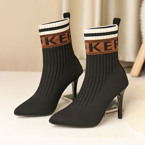 

2020 women's boots pointed toe 7cm thin high heels sock boots beige black female knitting ankle big size shoe