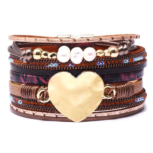 

simple fashion women jewelry classic multilayer leather bracelet fresh water pearl heart shape creative bracelet bangle, Golden;silver