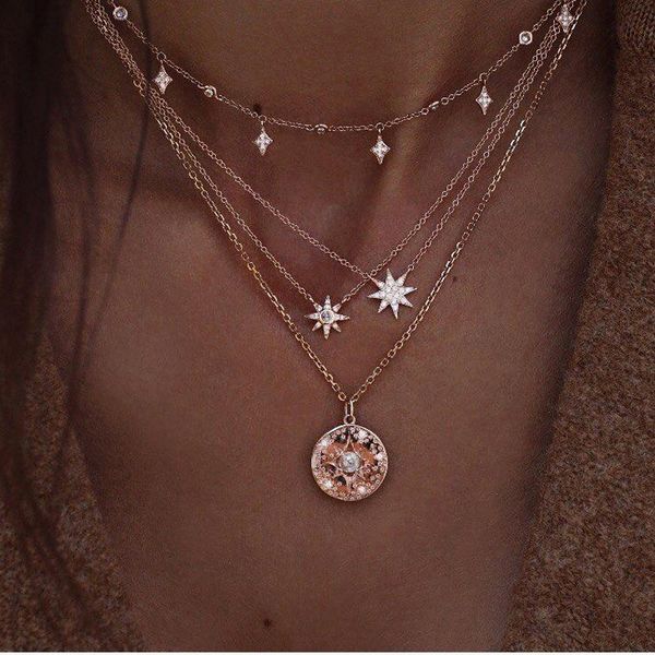 2021 Trendy Multilayer Strass Pingente Colares Womens Gold Silver Lua e Star Bling Diamond Jelwery