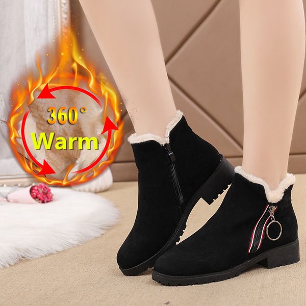 

2020 new female fashion slip on low heel sewing flock platform ankle boots women's casual comfortable style black/brown shoes