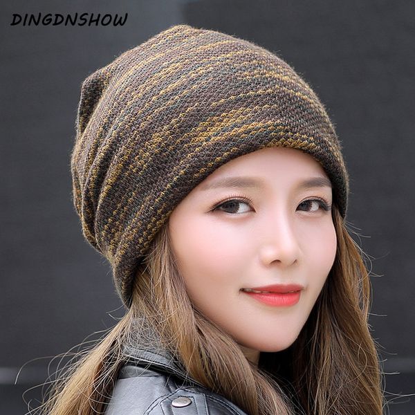 

dingdnshow] 2020 beanies hat colors cotton knitted hat women winter cap warm striped bonnet skullies, Blue;gray