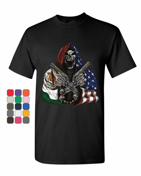 

skeleton hitman with guns t-shirt american mexican flag patriot mens tee shirt