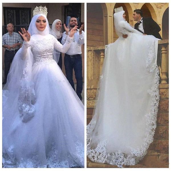 

new high neck modest muslim wedding dresses lace appliques beaded full sleeves custom made puffy tulle ball gown lace bridal gowns aq189, White