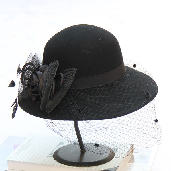 

stingy brim hats elegant women wool felt fedora wide hat cloche bowler autumn winter chapeau femme caps wine red black m106, Blue;gray