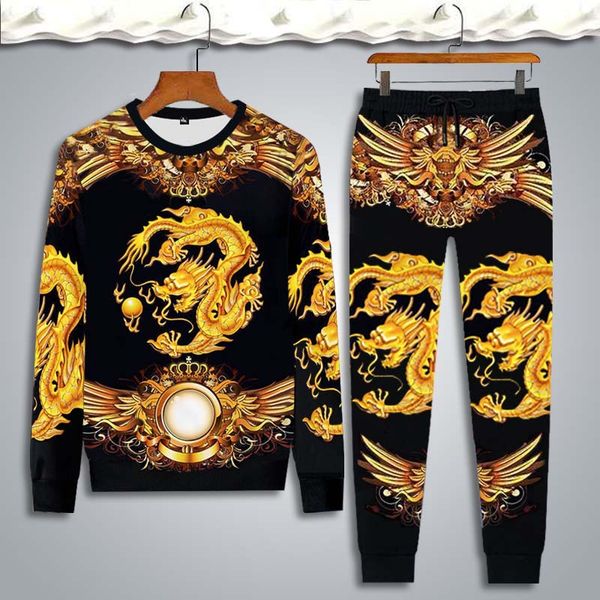 

men's set jogging long-sleeve t-shirt set men tracksuit and pants mens sweat suits dragon tiger printing sets men clothing, Gray