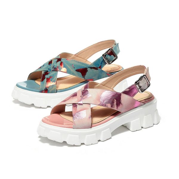

genuine leather women sandals thick high heels platform shoes woman mixed colors summer casual ladies sandals, Black