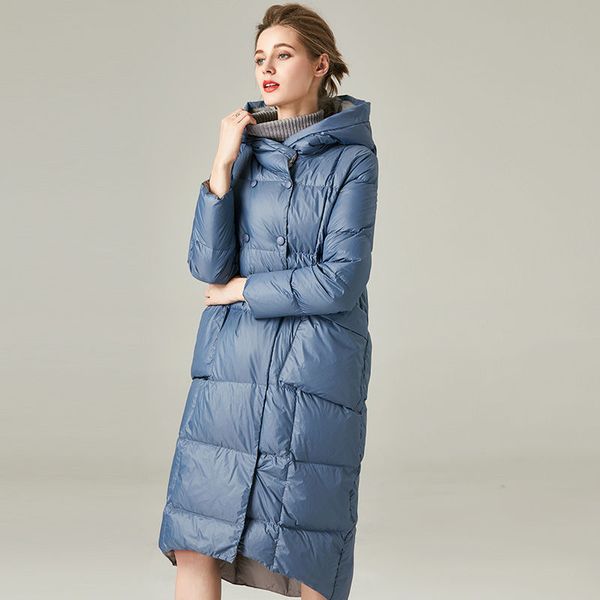 

women 2020 winter new fashion white duck down jackets female double breasted thick long coats ladies loose hooded outwears d115, Black