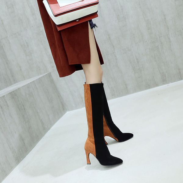 

ymechic big size ladies лоскутных высокие каблуки остроконечного колено toe sexy high boots black brown женская обувь зимняя езда botas 2020