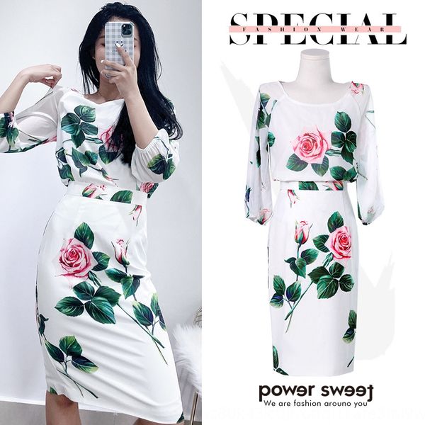 

early autumn new 2020 high street girls wear round neck elegant rose printing two-piece set suit skirt suit skirt 9rmom, Gray
