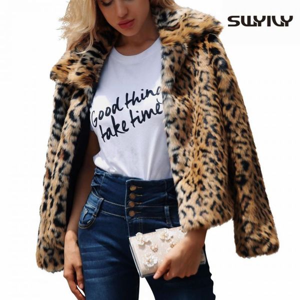 

swyivy luxury faux fur coat women warm leopard 2020 winter jacket turn down collar slim women outwear plus size 3xl coat, Black