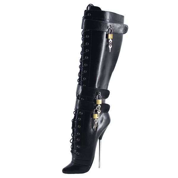 WonderHeel New 18 cm Stiletto Ferse Matt Leder Sexy Fetisch Stiefel verschlossene Vorhängeschloss Nachtclub Frauen Knie hohe Ballettschuhe große Größe