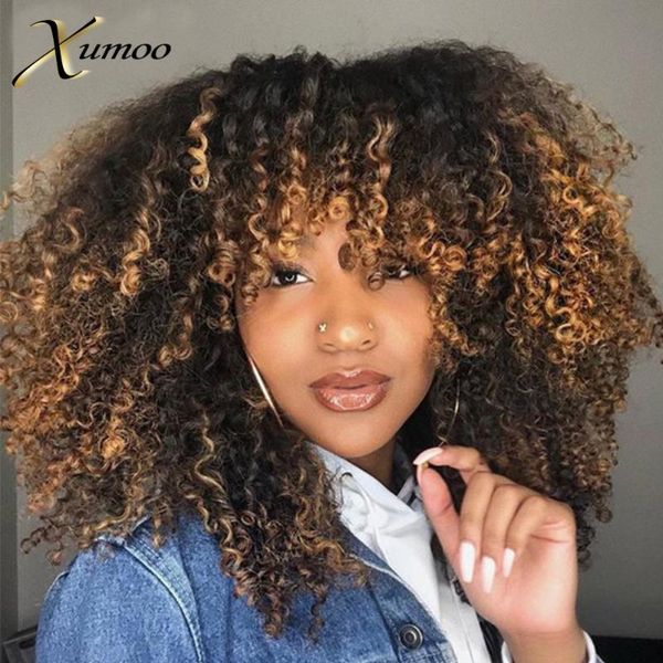 

xumoo dropshipping short brazilian hair wig afro kinky curly wig human hair ombre brown bob full machine made wigs for women, Black;brown