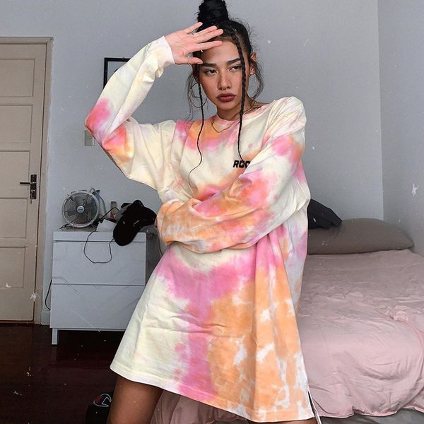 

women's hoodies & sweatshirts tie dye print long o neck letter sweatshirt women autumn casual loose oversized full sleeve pullover ladi, Black