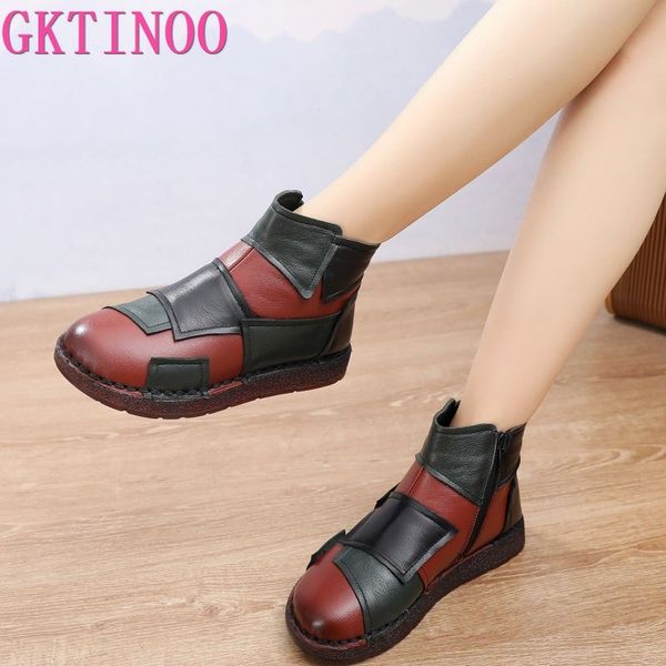 

gktinoo 2020 winter genuine leather shoes women ankle boots slip-on mixed colours handmade vintage flat ladies warm boots women, Black
