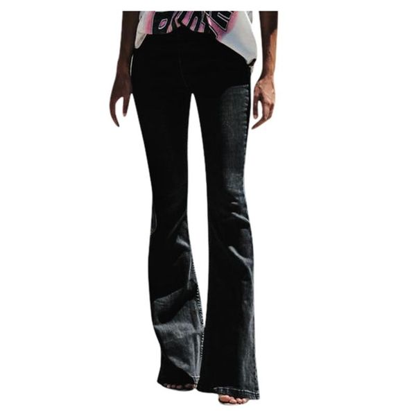 

women's jeans flare pants high waist loose ladies mom streetwear trouse elastic full length denim slim, Blue