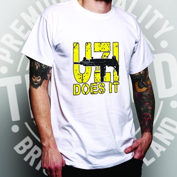 

2019 latest o-neck sunlight men t-shirt uzi does it printed design gun weapon military shooting rangedesign tshirt online