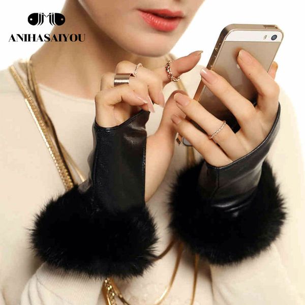 

fashion leather gloves women half palm ingerless gloves thin section real fur sheepskin fingerless women-l136nn, Blue;gray