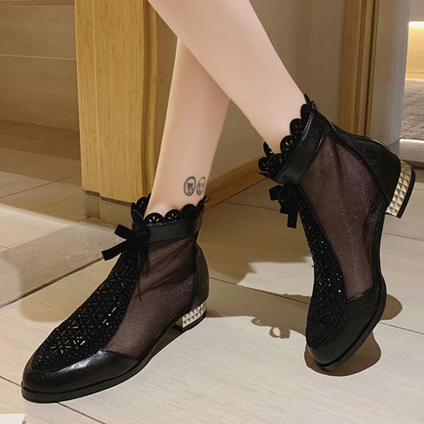 

breathable mesh crystal boots women fashion metal shquare heel ankle boots woman elegant bow pu leather botas mujer 2020, Black