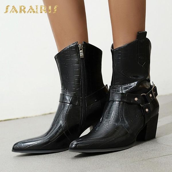 

sarairis 2020 new fashion plus size 48 western boots women shoes buckle decoration zip up concise ins fashion boots ladies, Black